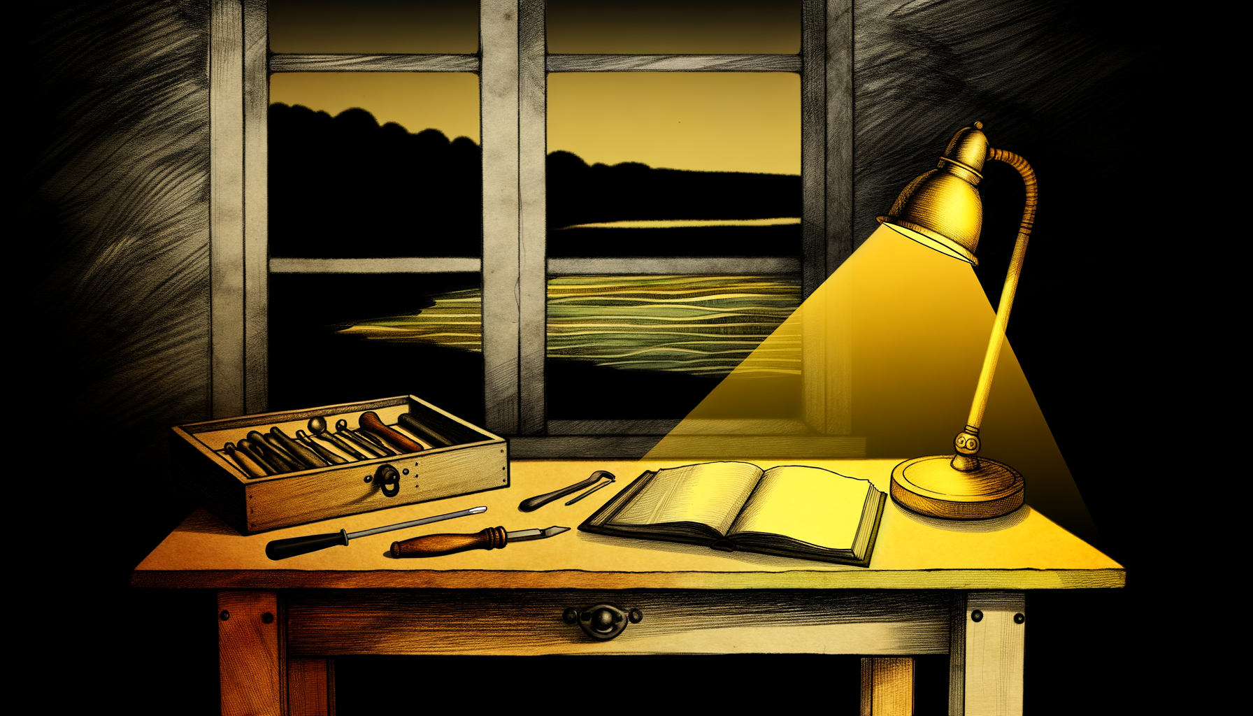 Pen-and-ink illustration of a quiet workshop interior at night, a single brass desk lamp throwing warm yellow light across a workbench.